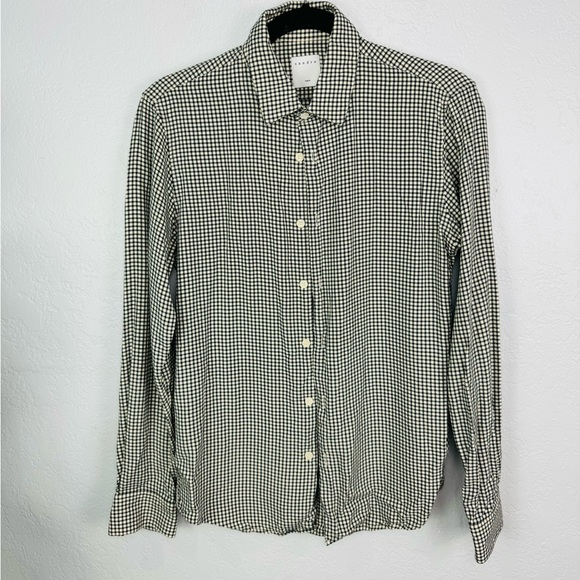 Sandro Gingham Button Down Flannel Shirt Black Cream Color - Picture 2 of 8